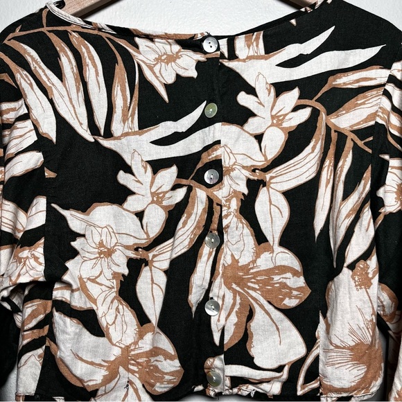 Rachel Zoe Women Linen Crop Top Small Green Floral Boho Puff Sleeve Resort‎ - Picture 9 of 10